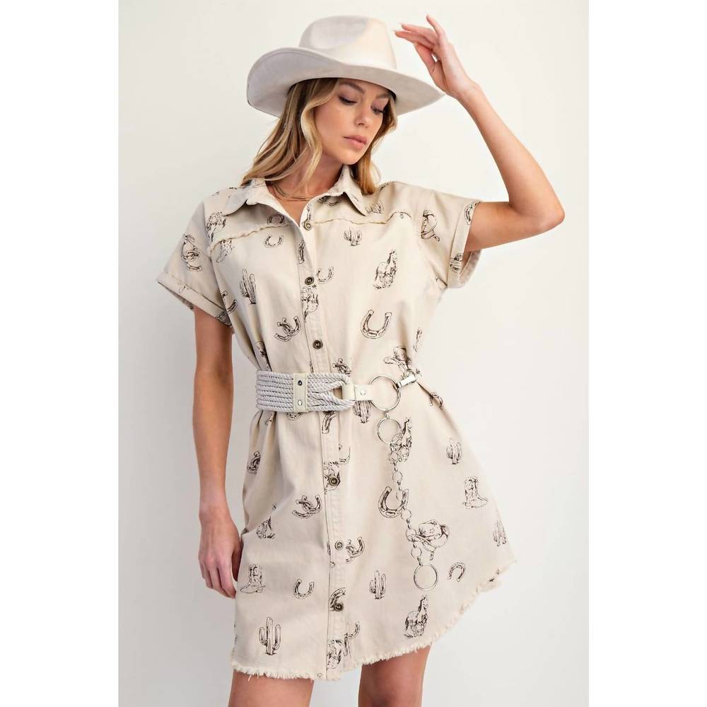 NEW EASEL western printed washed twill shirt dress in cream - Picture 3 of 5